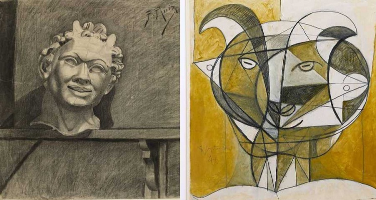 الأكاديمية. آكورونيا 1894 (يسار) و رأس الفأر الرمادي 1946 (يمين). متحف بيكاسو بيكاسو برشلونة متحف بيكاسو - أنتيب