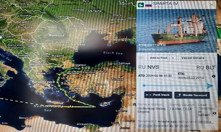 بيانات AIS من محاولة عبور البوسفور لـ Sparta IV اعتبارًا من نهاية فبراير 2024 - أرشيفية